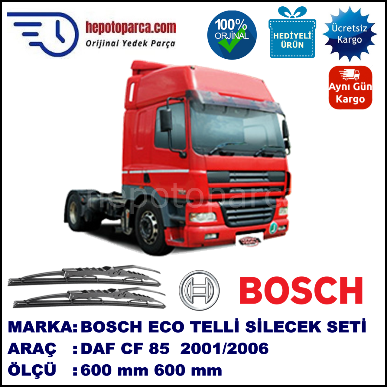 DAF CF 75  02.2001--> 600 / 600 mm. BOSCH Telli Silecek 2'li Takım