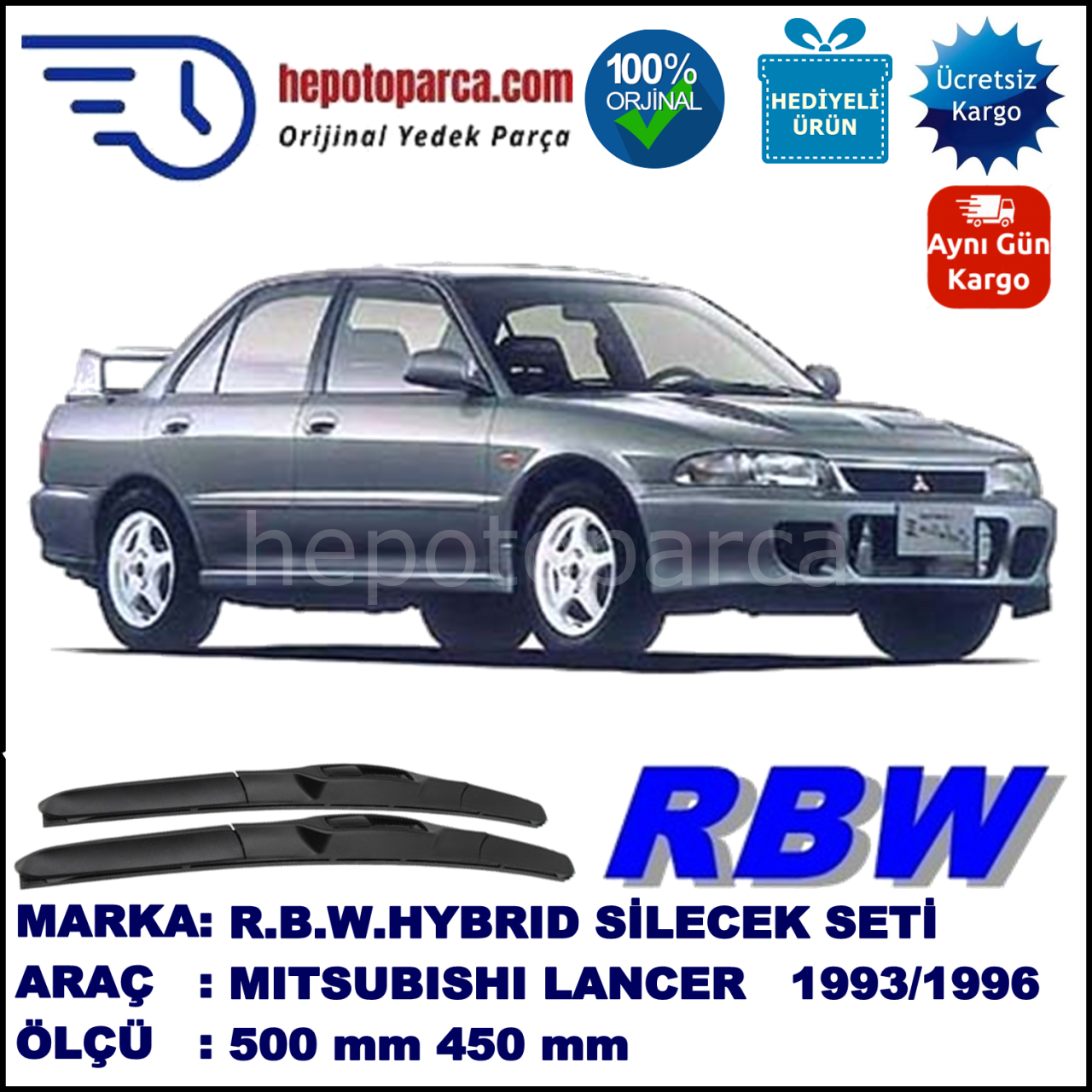 MITSUBISHI Lancer Sedan [CA/CB/CD] 01.93-12.96 500 / 450 mm. RBW Hybrid Silecek Seti. U Kanca Uyumlu Hibrit