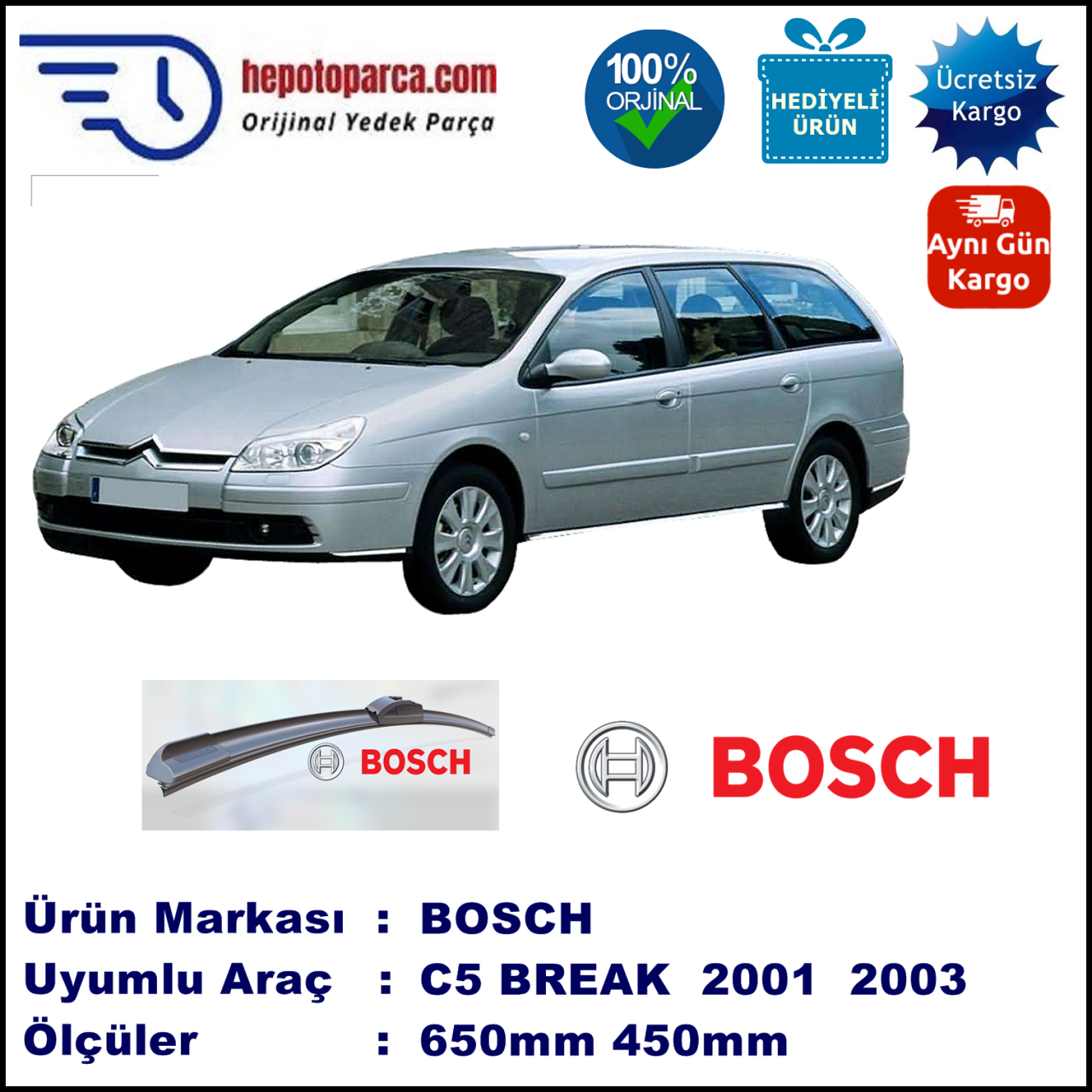 CITROEN C5 Break [X4] 06.2001-11.2003, 650 / 450 mm. BOSCH AEROECO Aparatlı Muz Silecek