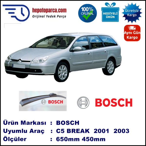 CITROEN C5 Break [X4] 06.2001-11.2003, 650 / 450 mm. BOSCH AEROECO Aparatlı Muz Silecek