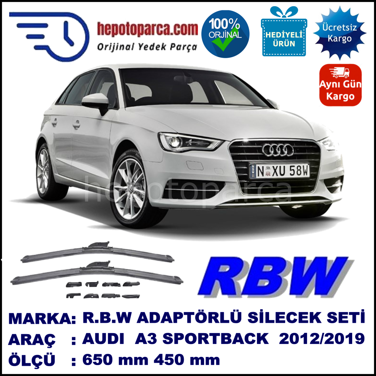 AUDI A3 Sportback [8VA] 09.2012-..., 650 / 450 mm.  RBW  ADAPTÖRLÜ MUZ SİLECEK SETİ