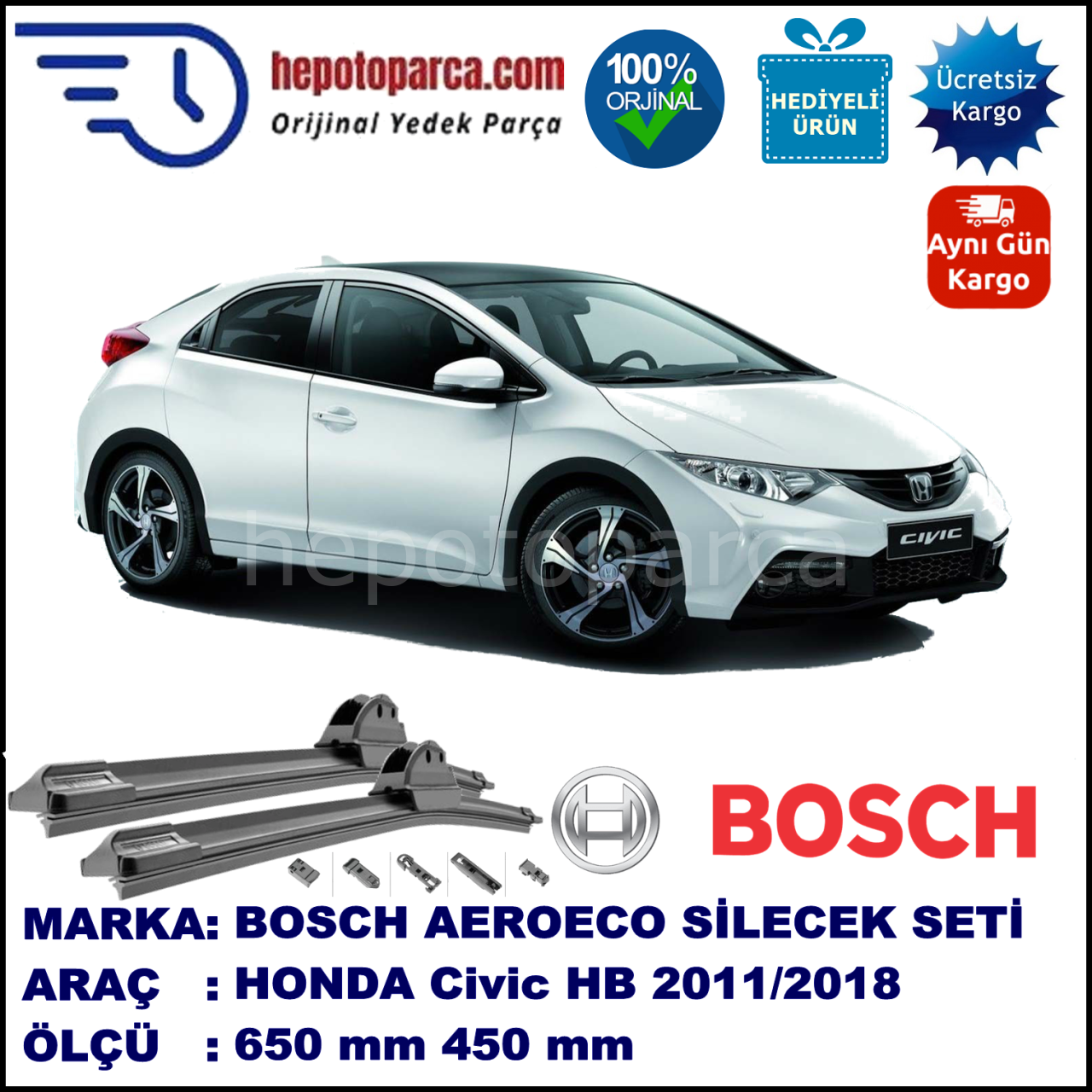 HONDA Civic Hatchback  09.2011-..., 650 / 450 mm. BOSCH AEROECO Aparatlı Muz Silecek