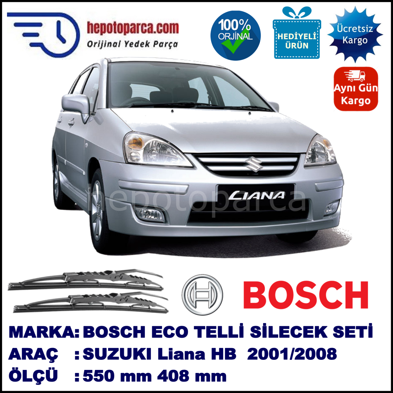 SUZUKI Liana Hatchback  03.01-04.08 550 / 480 mm. BOSCH ECO Telli Silecek 2'li Takım