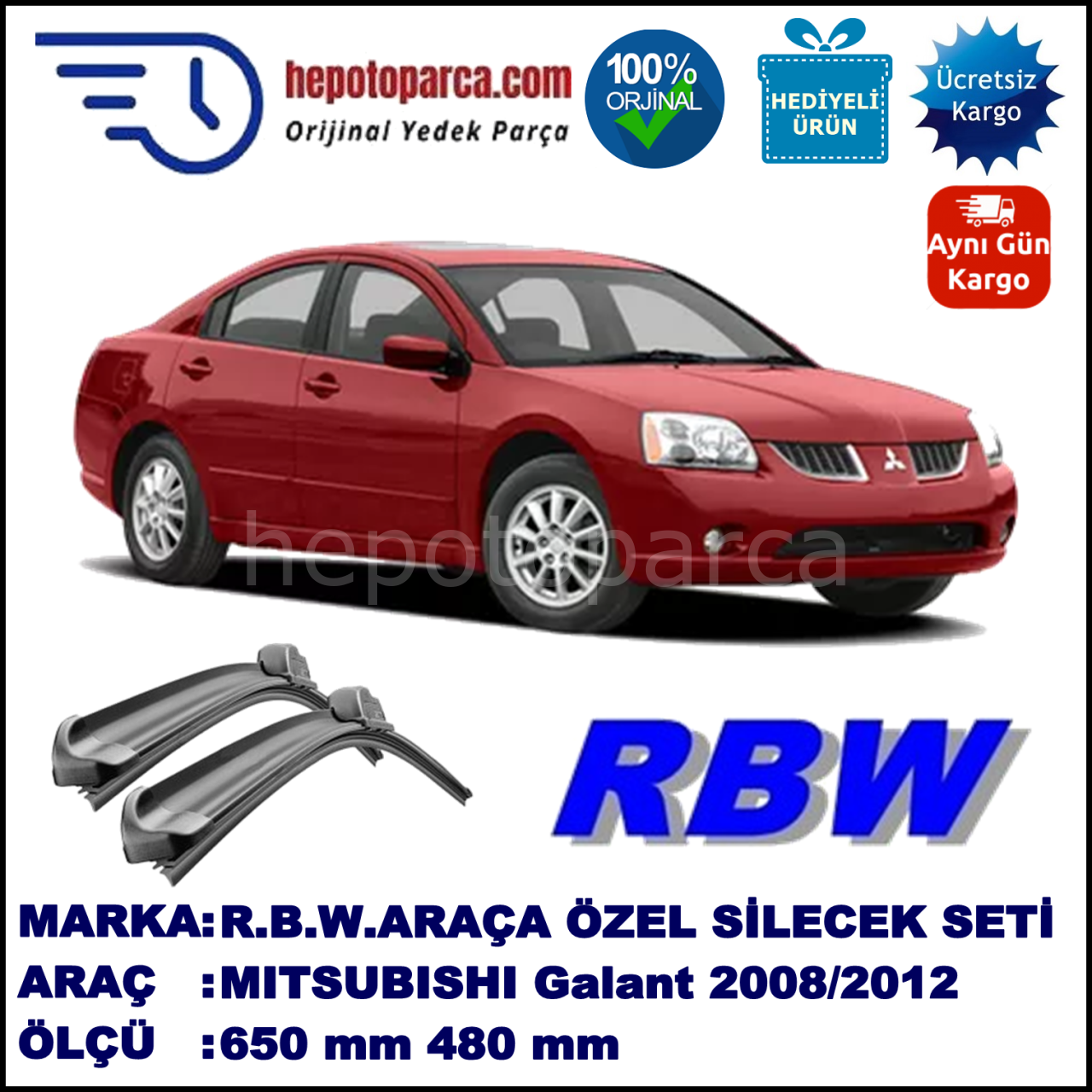 MITSUBISHI Galant  09.04-08.12 650 / 480 mm. RBW Muz Silecek Seti  2'li Takım. U Kanca Uyumludur.