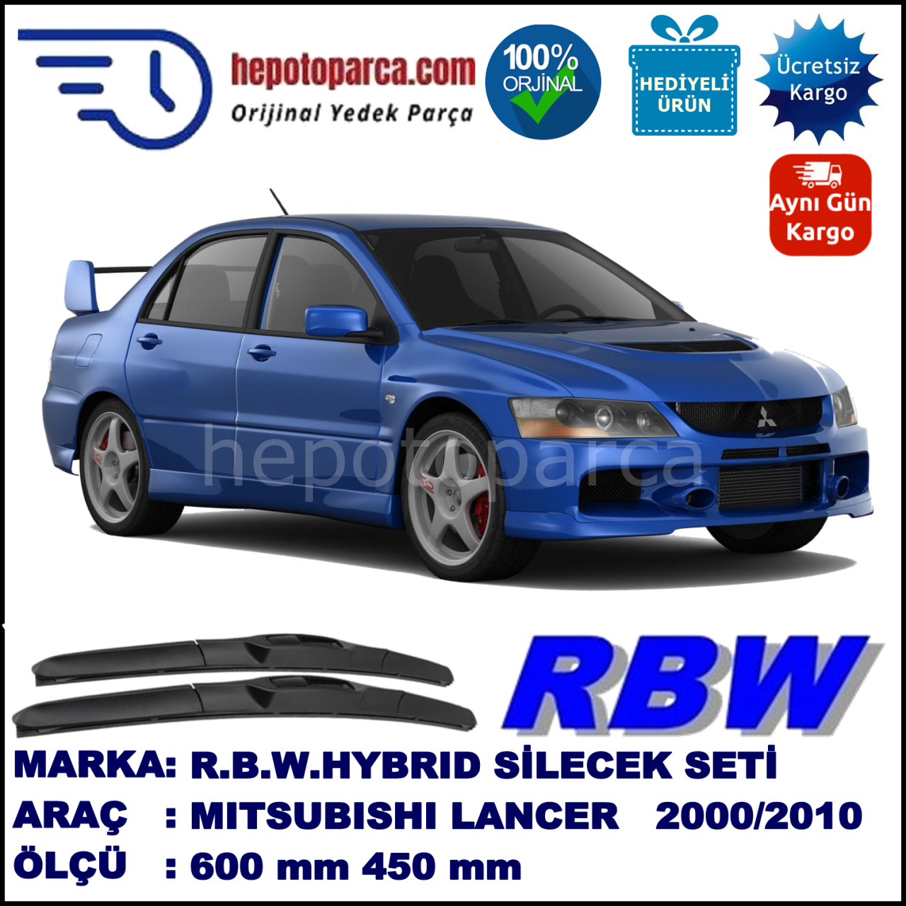 MITSUBISHI Lancer [CS/CT] 12.00-04.10 600 / 450 mm. RBW Hybrid Silecek Seti. U Kanca Uyumlu Hibrit