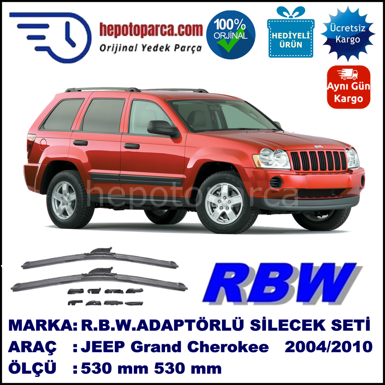 JEEP Grand Cherokee [WK] 08.2004-..., 530 / 530 mm.  RBW  ADAPTÖRLÜ MUZ SİLECEK SETİ