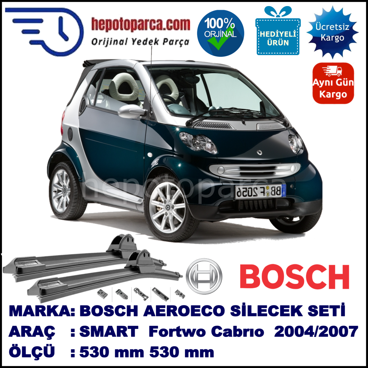 SMART (MCC) Fortwo Cabrio [450] 02.2004-03.2007, 530 / 530 mm. BOSCH AEROECO Aparatlı Muz Silecek