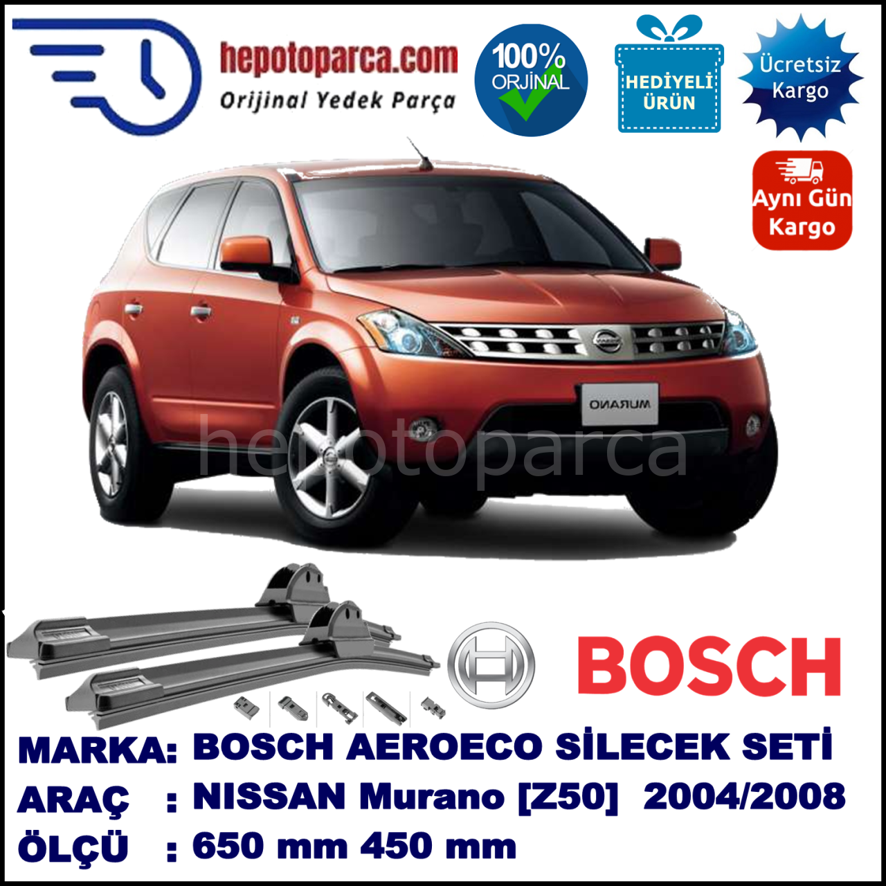 NISSAN Murano [Z50] 11.2004-12.2008, 650 / 450 mm. BOSCH AEROECO Aparatlı Muz Silecek