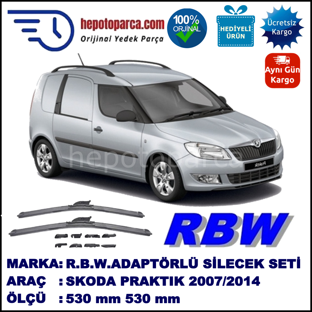 SKODA Praktik [5J7] 03.2007-..., 530 / 530 mm.  RBW  ADAPTÖRLÜ MUZ SİLECEK SETİ