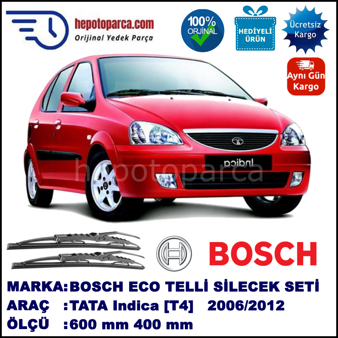 TATA Indica [T4] 11.06-... 600 / 400 mm. BOSCH ECO Telli Silecek 2'li Takım