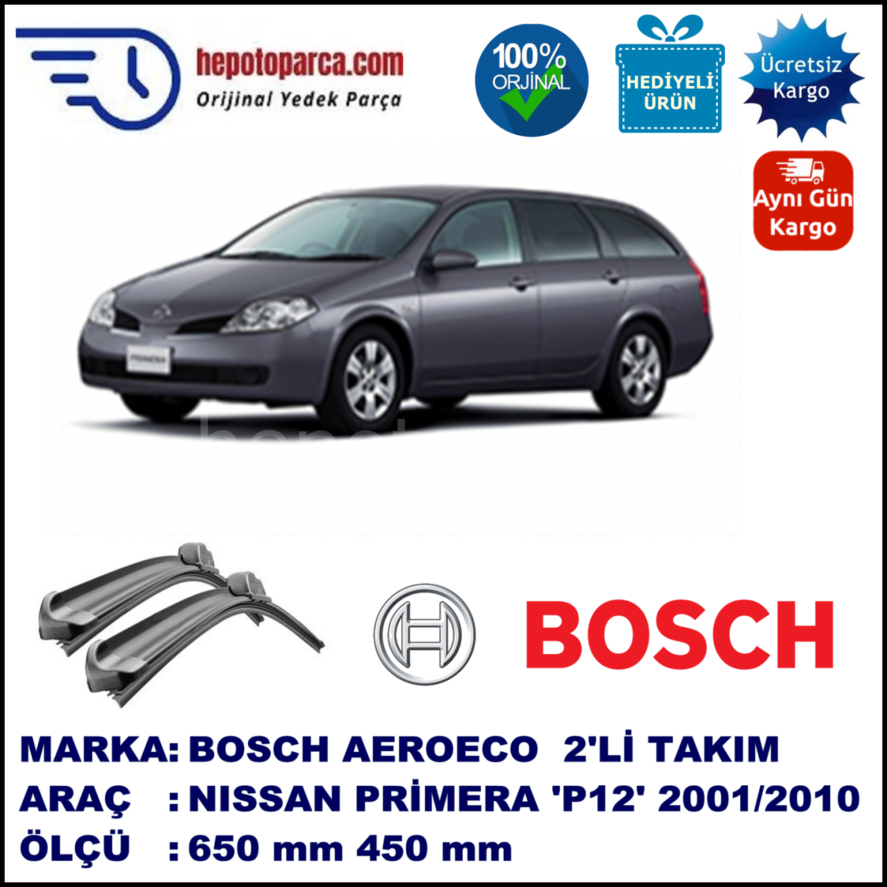 NISSAN Primera Wagon [P12E] 12.2001-09.2010, 650 / 450 mm. BOSCH AEROECO Aparatlı Muz Silecek