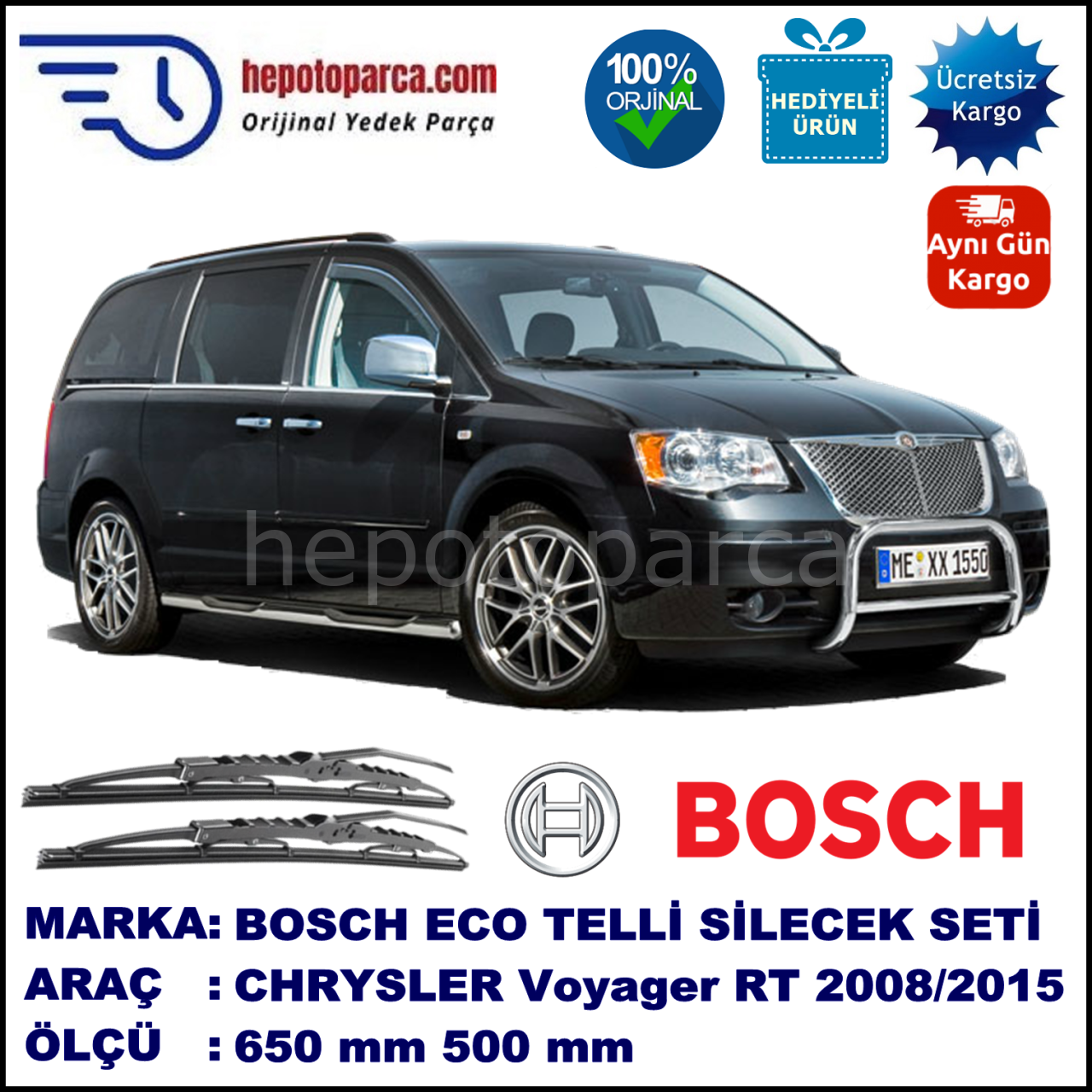 CHRYSLER Voyager [RT] 01.08-11.09 650 / 500 mm. BOSCH ECO Telli Silecek 2'li Takım