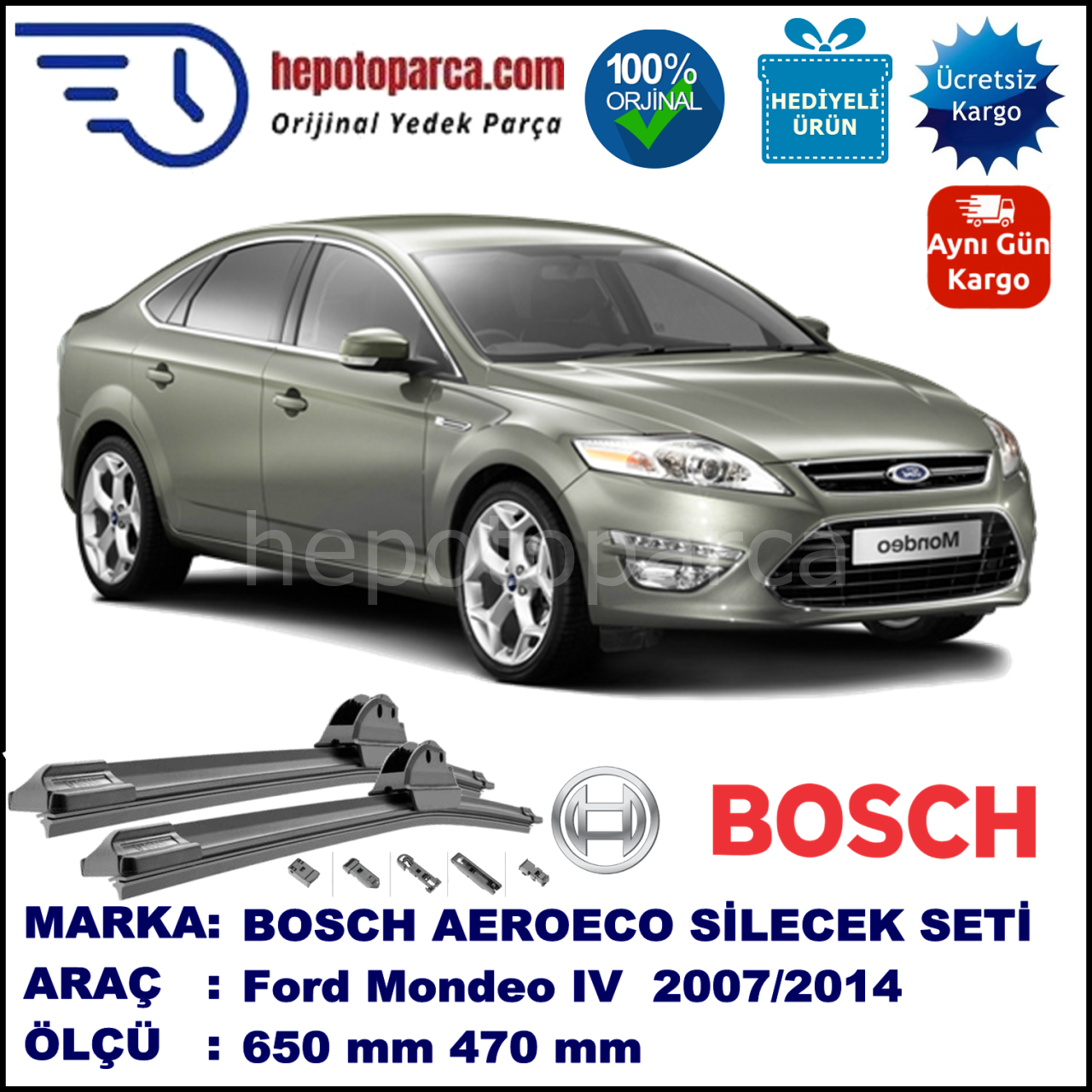 FORD Mondeo IV [07] 02.2007-..., 650 / 470 mm. BOSCH AEROECO Aparatlı Muz Silecek