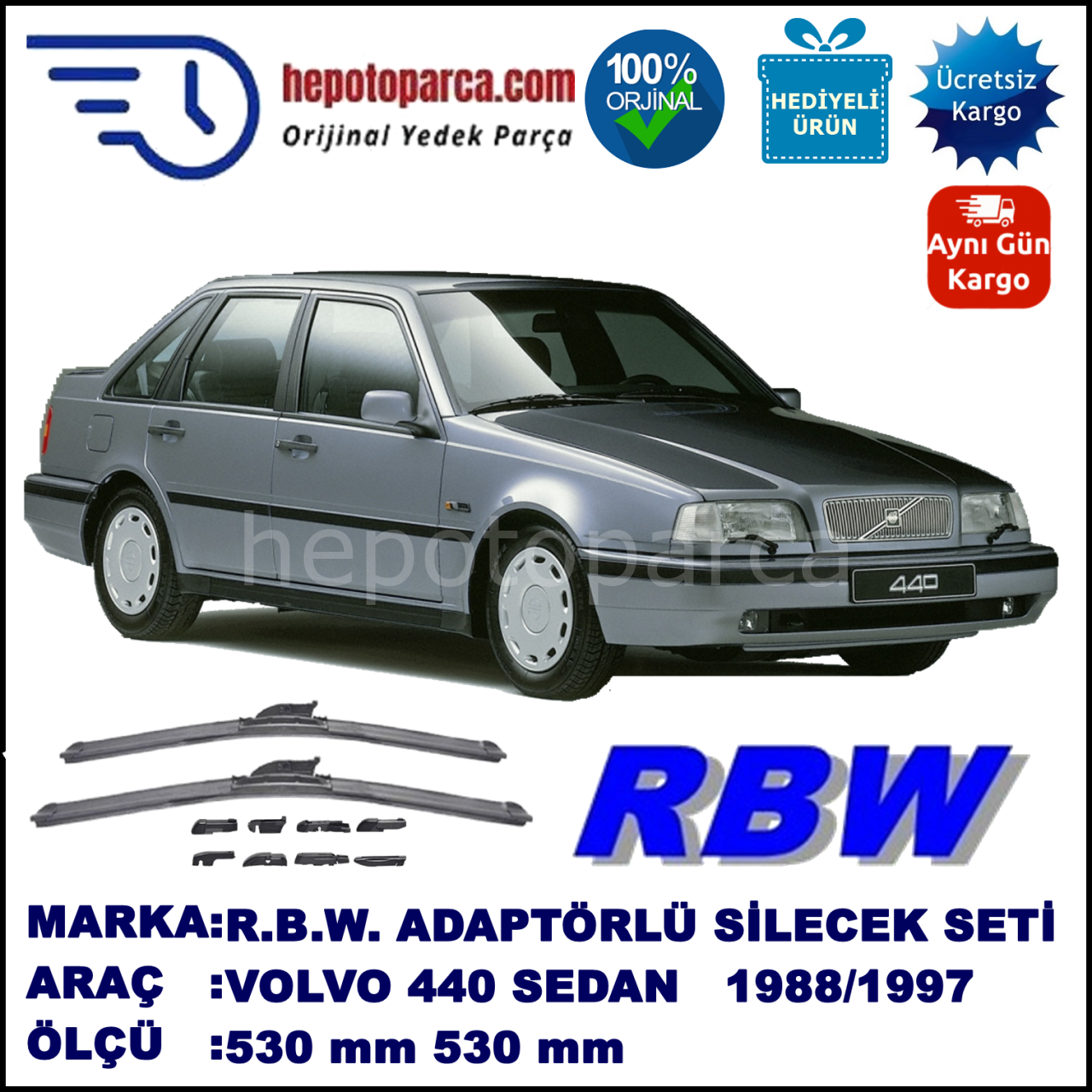 VOLVO 440  09.1988-07.1997, 530 / 530 mm.  RBW  ADAPTÖRLÜ MUZ SİLECEK SETİ