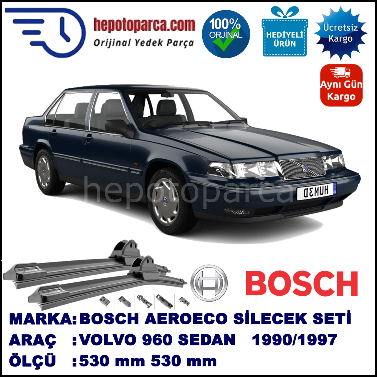 VOLVO 960  08.1990-07.1997, 530 / 530 mm. BOSCH AEROECO Aparatlı Muz Silecek