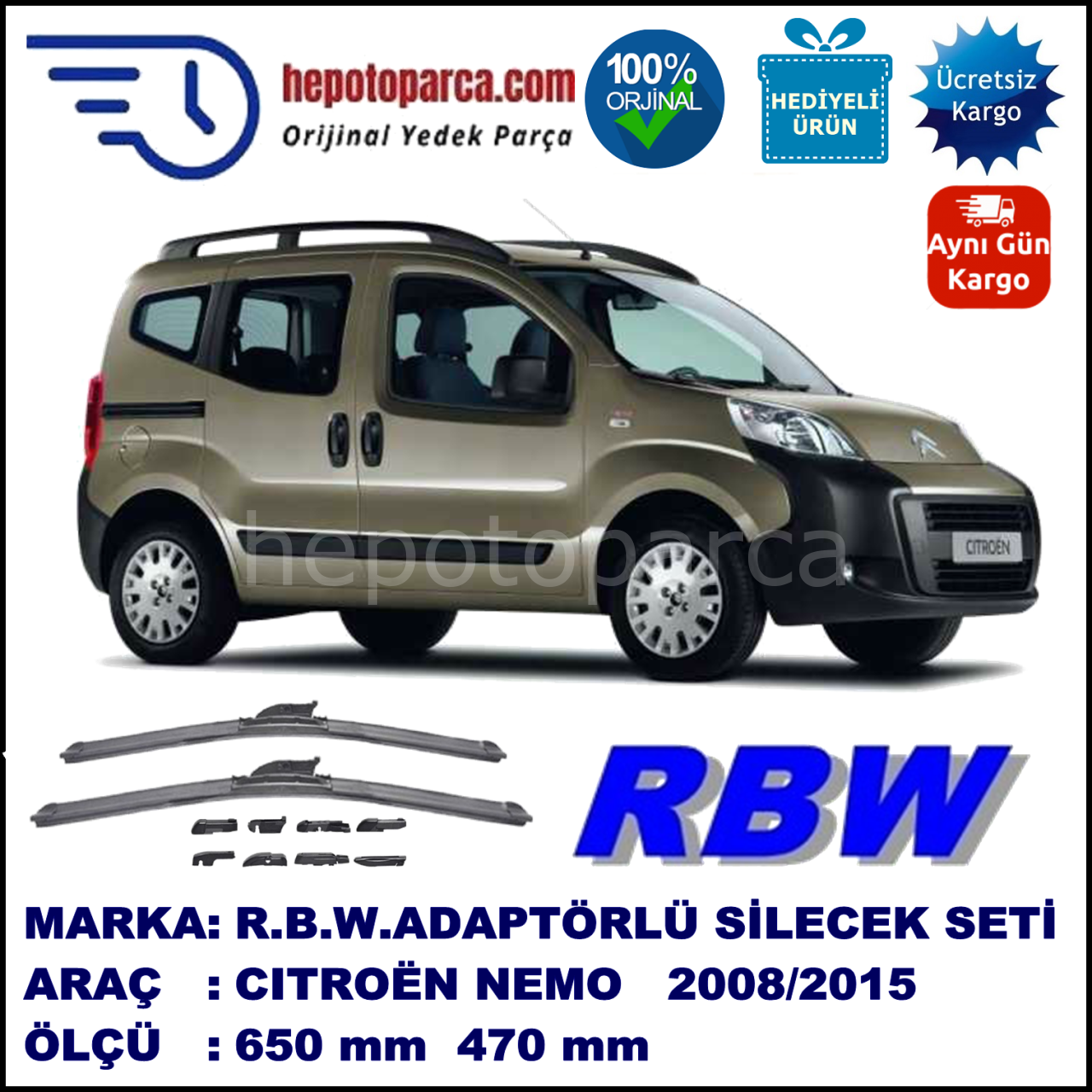 CITROEN Nemo [A9] 02.2008-..., 650 / 470 mm.  RBW  ADAPTÖRLÜ MUZ SİLECEK SETİ