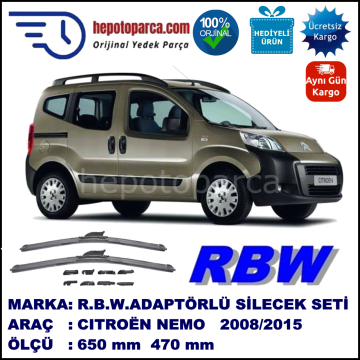 CITROEN Nemo [A9] 02.2008-..., 650 / 470 mm.  RBW  ADAPTÖRLÜ MUZ SİLECEK SETİ
