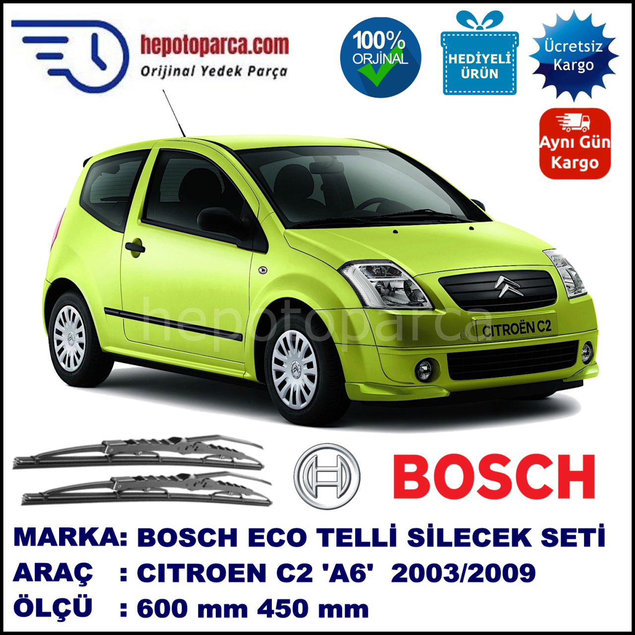 CITROEN C2 [A6] 09.03-12.09 600 / 450 mm. BOSCH ECO Telli Silecek 2'li Takım