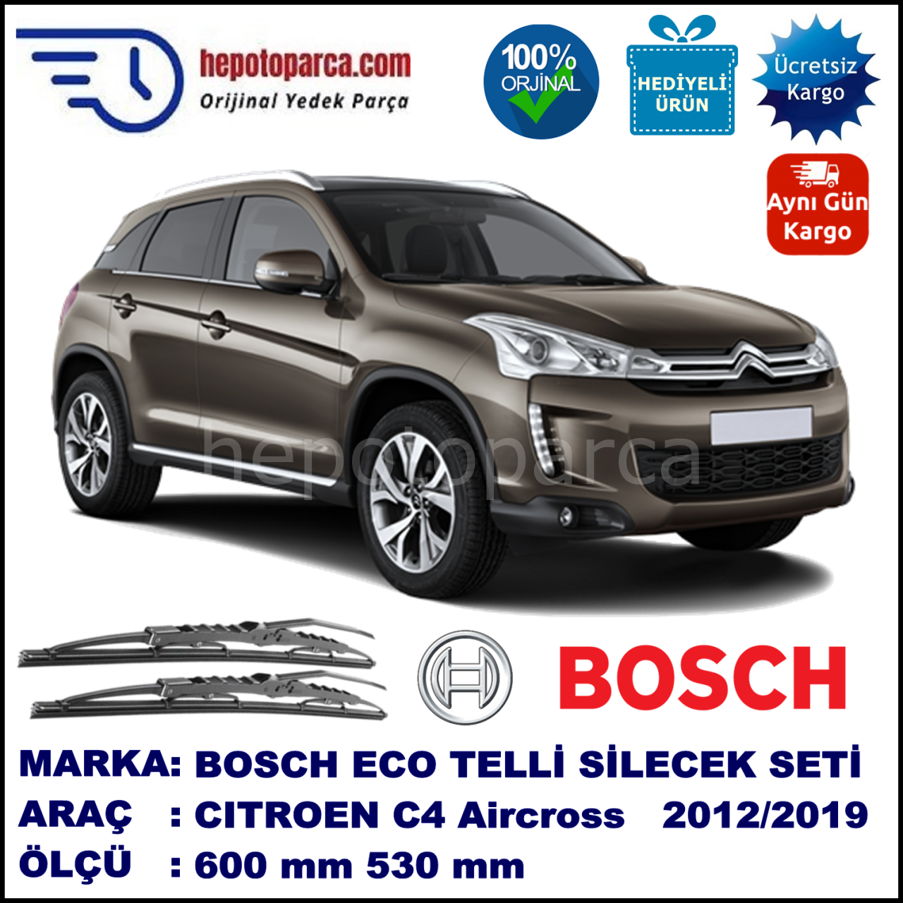 CITROEN C4 Aircross  03.12-... 600 / 530 mm. BOSCH ECO Telli Silecek 2'li Takım