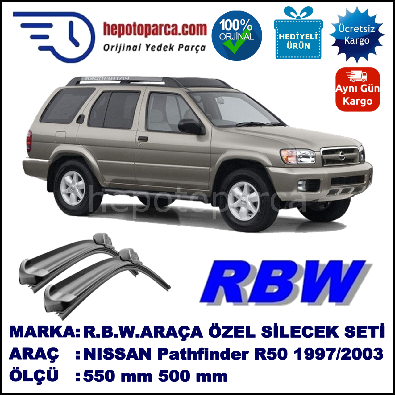 NISSAN Pathfinder [R50] 10.97-08.03 550 / 500 mm. RBW Muz Silecek Seti  2'li Takım. U Kanca Uyumludur.