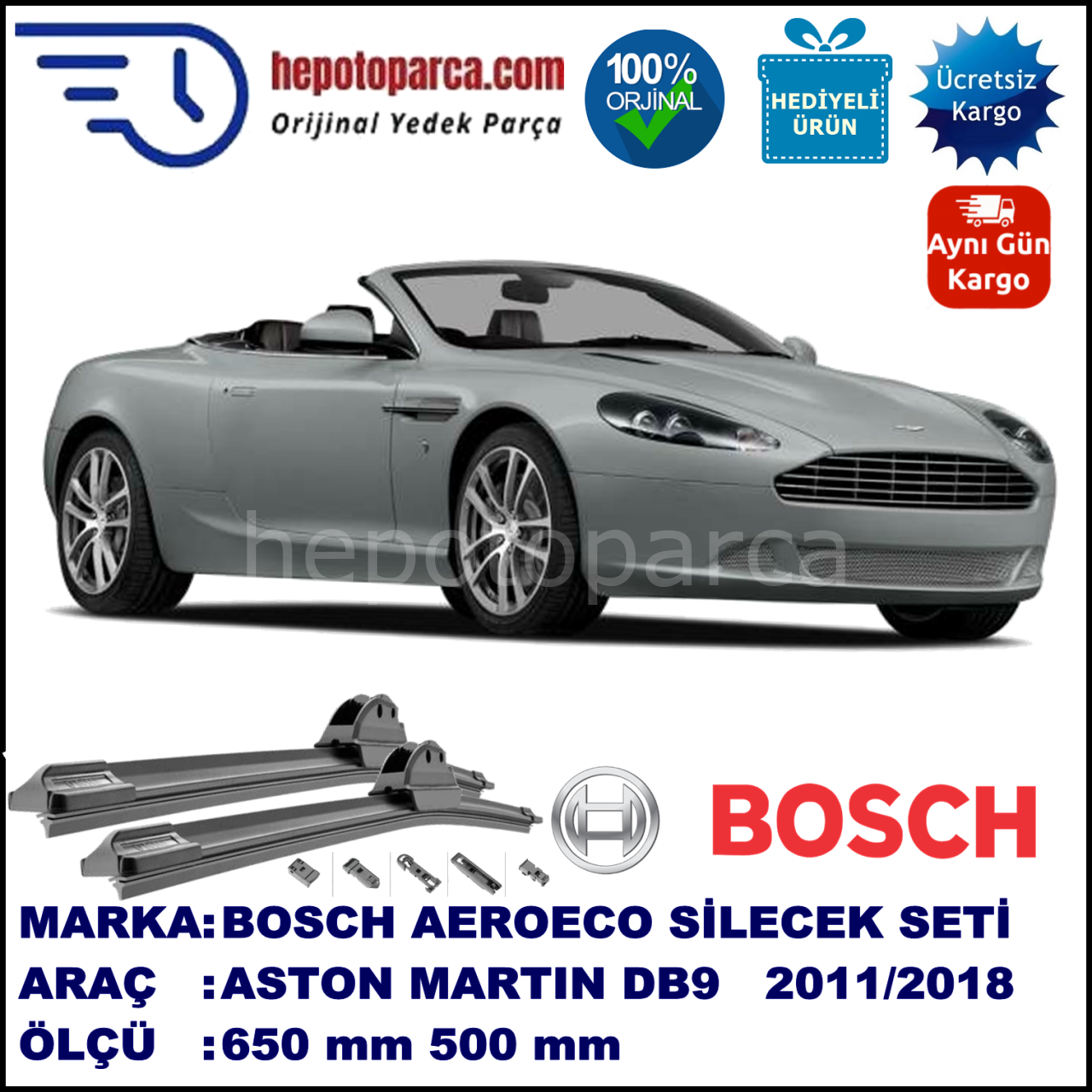 ASTON MARTIN DB9, Volante  07.2011-..., 650 / 500 mm. BOSCH AEROECO Aparatlı Muz Silecek