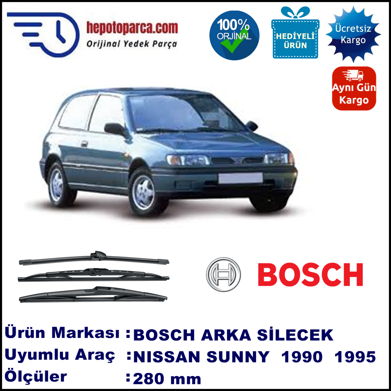 NISSAN Sunny Hatchback [N14] 280 mm 10.1990-05.1995 BOSCH Arka Silecek