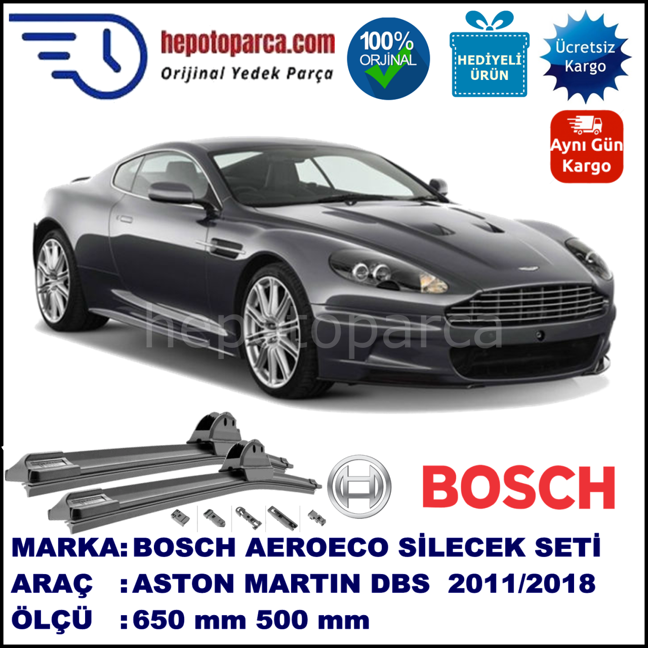 ASTON MARTIN DBS Vantage, Volante  07.2011-..., 650 / 500 mm. BOSCH AEROECO Aparatlı Muz Silecek