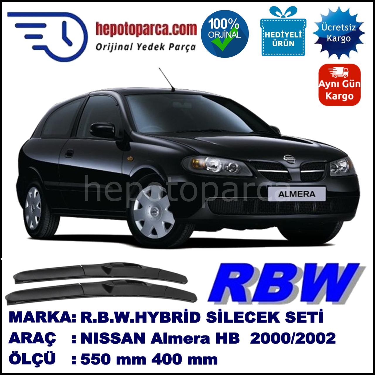 NISSAN Almera Hatchback [N16E] 01.00-09.02 550 / 400 mm. RBW Hybrid Silecek Seti. U Kanca Uyumlu Hibrit