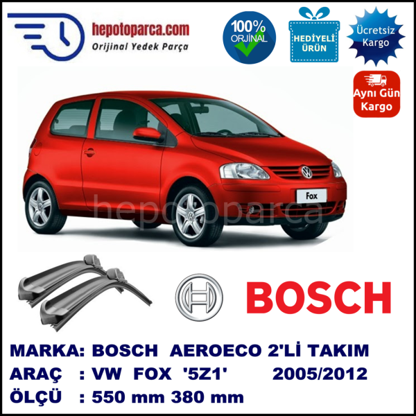 VW Fox [5Z1] 04.2005-..., 530 / 380 mm. BOSCH AEROECO Aparatlı Muz Silecek