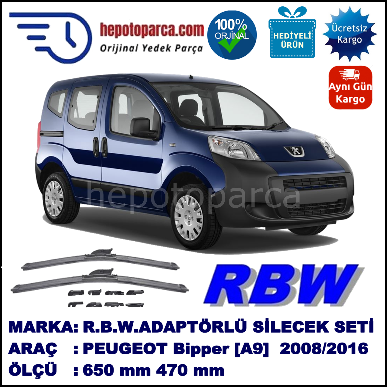 PEUGEOT Bipper [A9] 02.2008-..., 650 / 470 mm.  RBW  ADAPTÖRLÜ MUZ SİLECEK SETİ