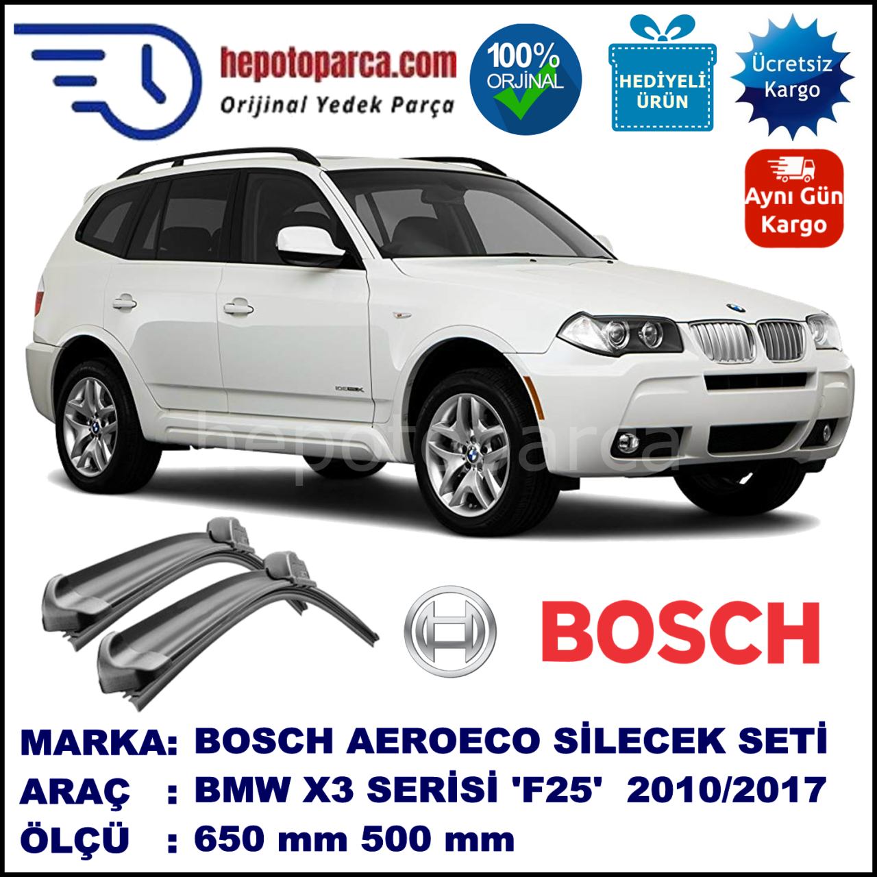 BMW X3 [F 25] 10.2010-..., 650 / 500 mm. BOSCH AEROECO Aparatlı Muz Silecek