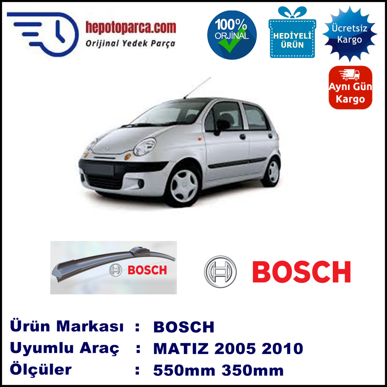 CHEVROLET Matiz [KL1K, M200] 02.2005-12.2010, 550 / 350 mm. BOSCH AEROECO Aparatlı Muz Silecek