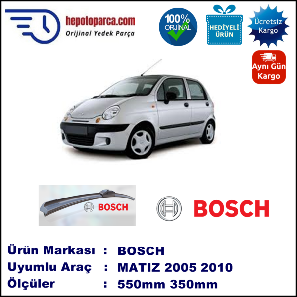 CHEVROLET Matiz [KL1K, M200] 02.2005-12.2010, 550 / 350 mm. BOSCH AEROECO Aparatlı Muz Silecek