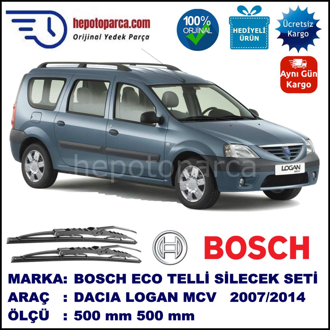 DACIA Logan MCV [KS/FS] 01.07-... 500 / 500 mm. BOSCH ECO Telli Silecek 2'li Takım