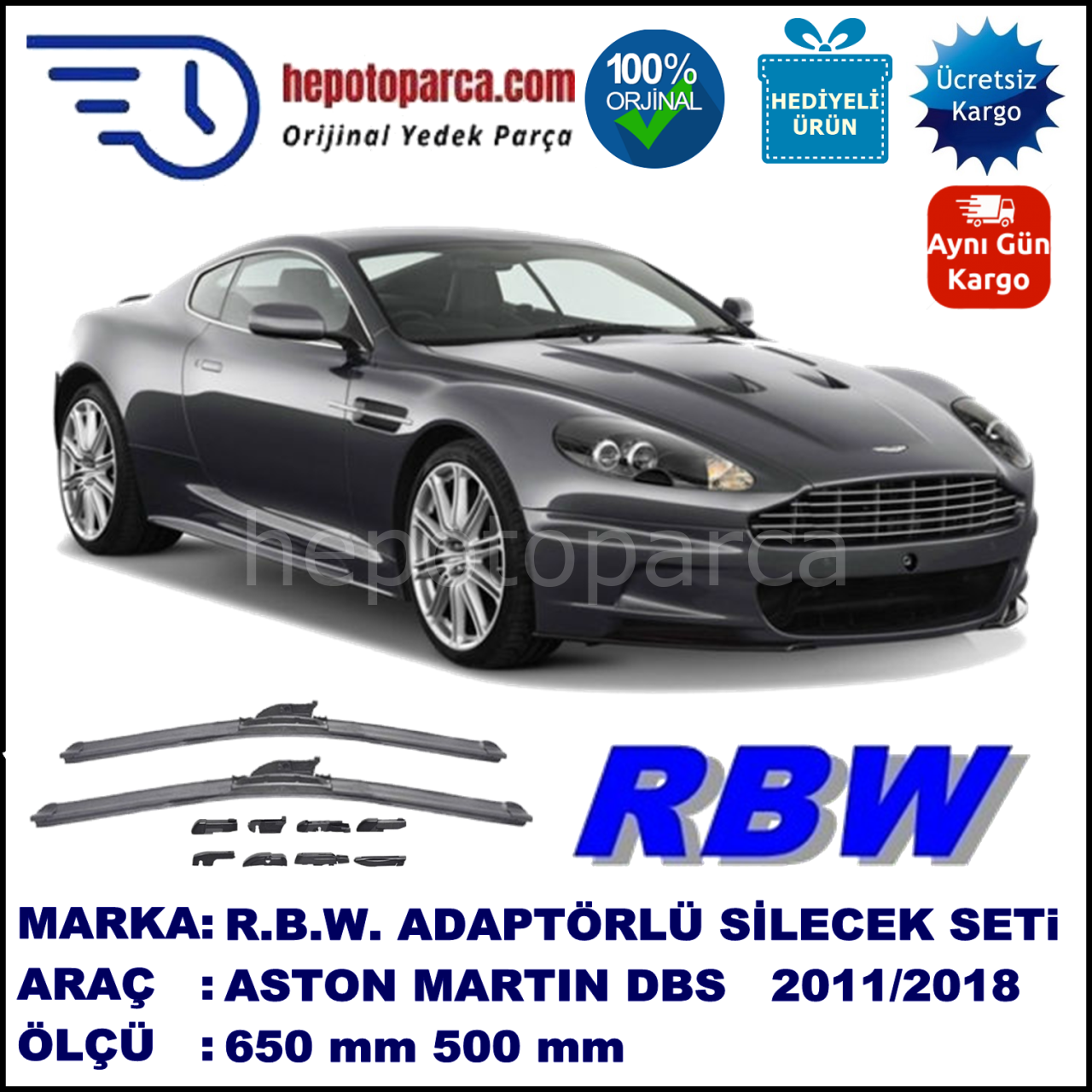 ASTON MARTIN DBS Vantage, Volante  07.2011-..., 650 / 500 mm.  RBW  ADAPTÖRLÜ MUZ SİLECEK SETİ