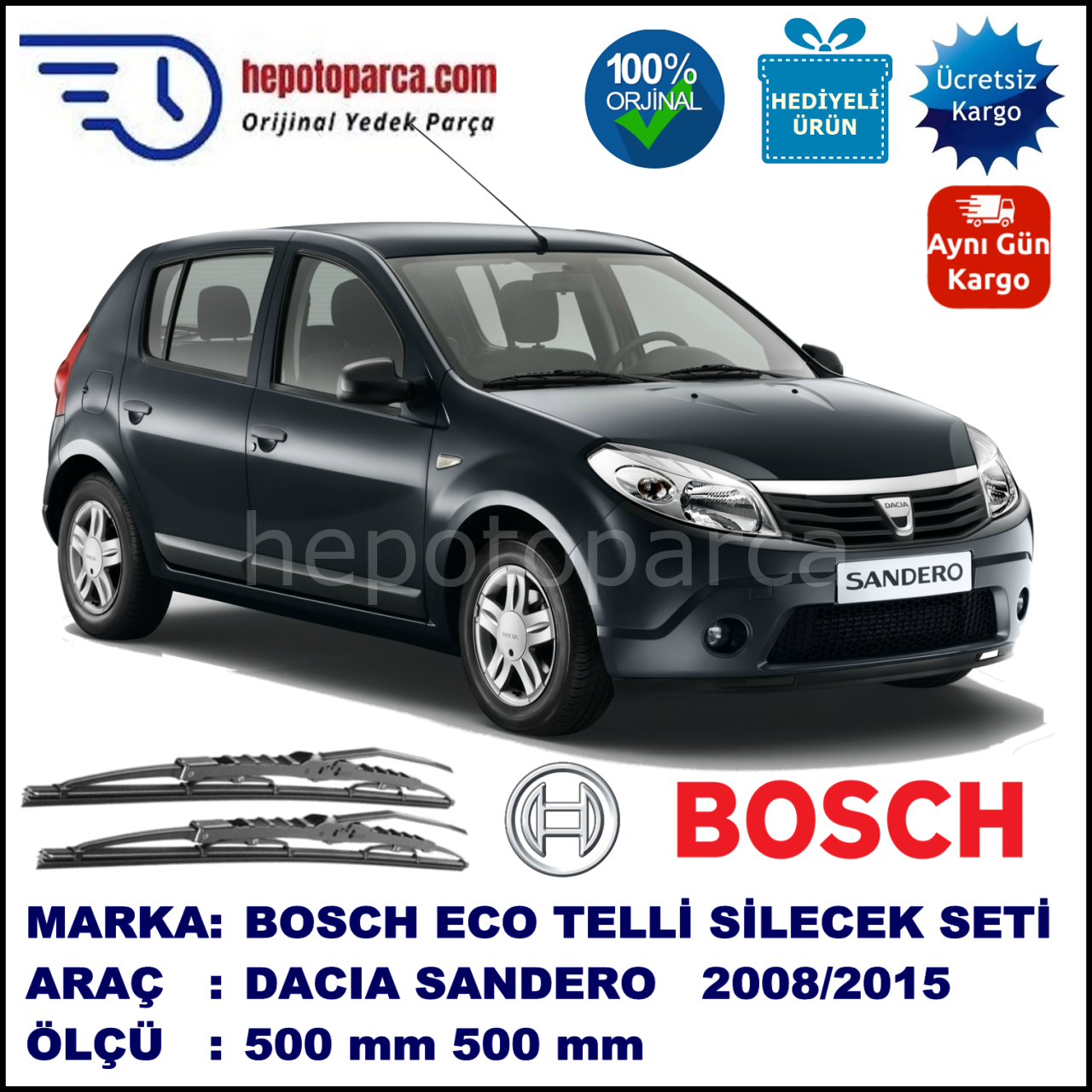 DACIA Sandero [BS] 06.08-... 500 / 500 mm. BOSCH ECO Telli Silecek 2'li Takım