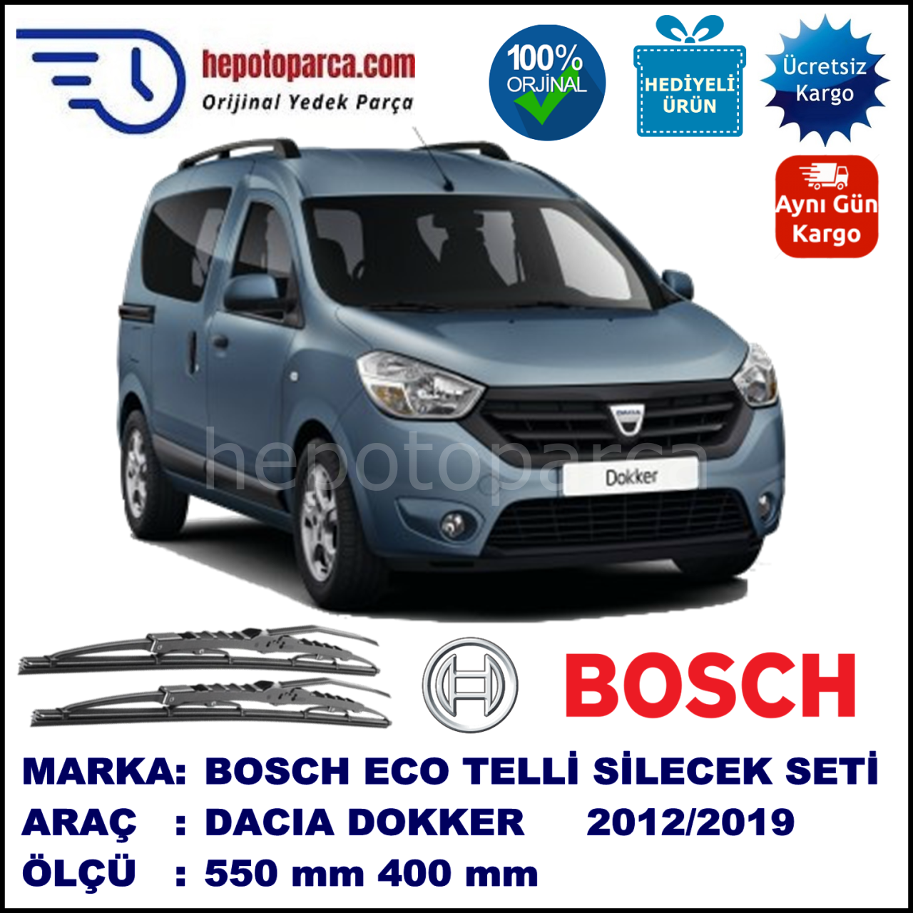 DACIA Dokker  07.12-... 550 / 400 mm. BOSCH ECO Telli Silecek 2'li Takım