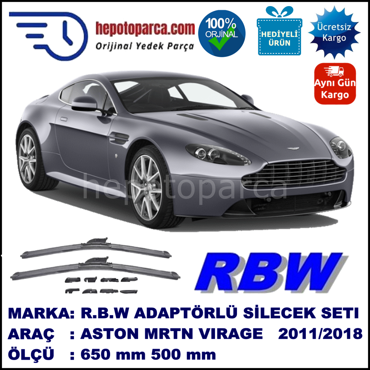 ASTON MARTIN Virage Coupe, Volante  07.2011-..., 650 / 500 mm.  RBW  ADAPTÖRLÜ MUZ SİLECEK SETİ
