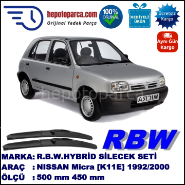 NISSAN Micra [K11E] 08.92-06.00 500 / 450 mm. RBW Hybrid Silecek Seti. U Kanca Uyumlu Hibrit