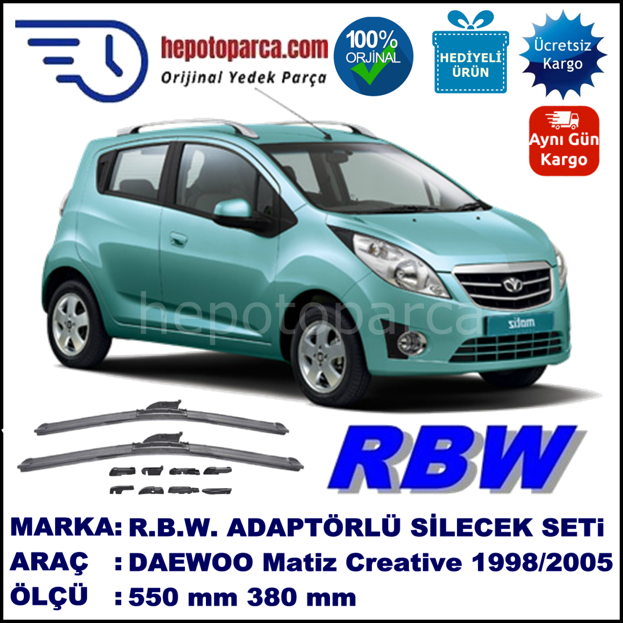 DAEWOO Matiz Creative  09.2009-..., 550 / 380 mm.  RBW  ADAPTÖRLÜ MUZ SİLECEK SETİ