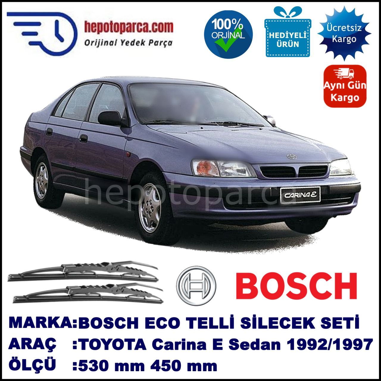 TOYOTA Carina E Sedan [T19] 02.92-10.97 530 / 450 mm. BOSCH ECO Telli Silecek 2'li Takım