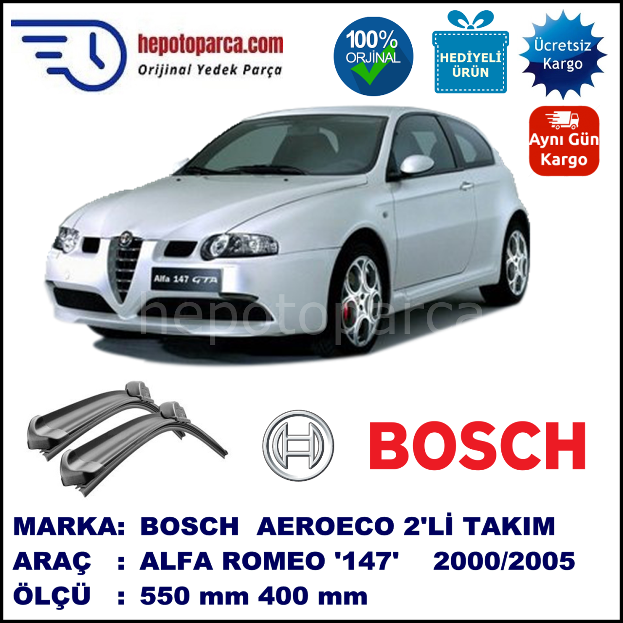 ALFA ROMEO 147 [937] 11.2000-06.2005, 550 / 400 mm. BOSCH AEROECO Aparatlı Muz Silecek