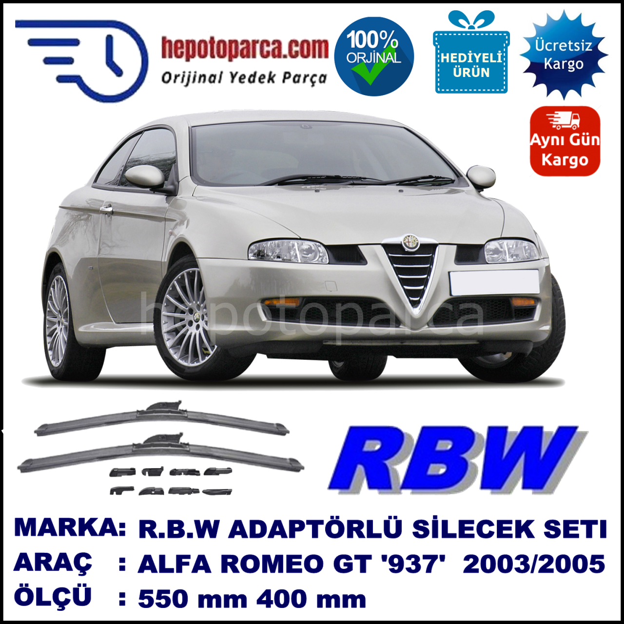 ALFA ROMEO GT [937] 10.2003-06.2005 , 550 / 400 mm.  RBW  ADAPTÖRLÜ MUZ SİLECEK SETİ