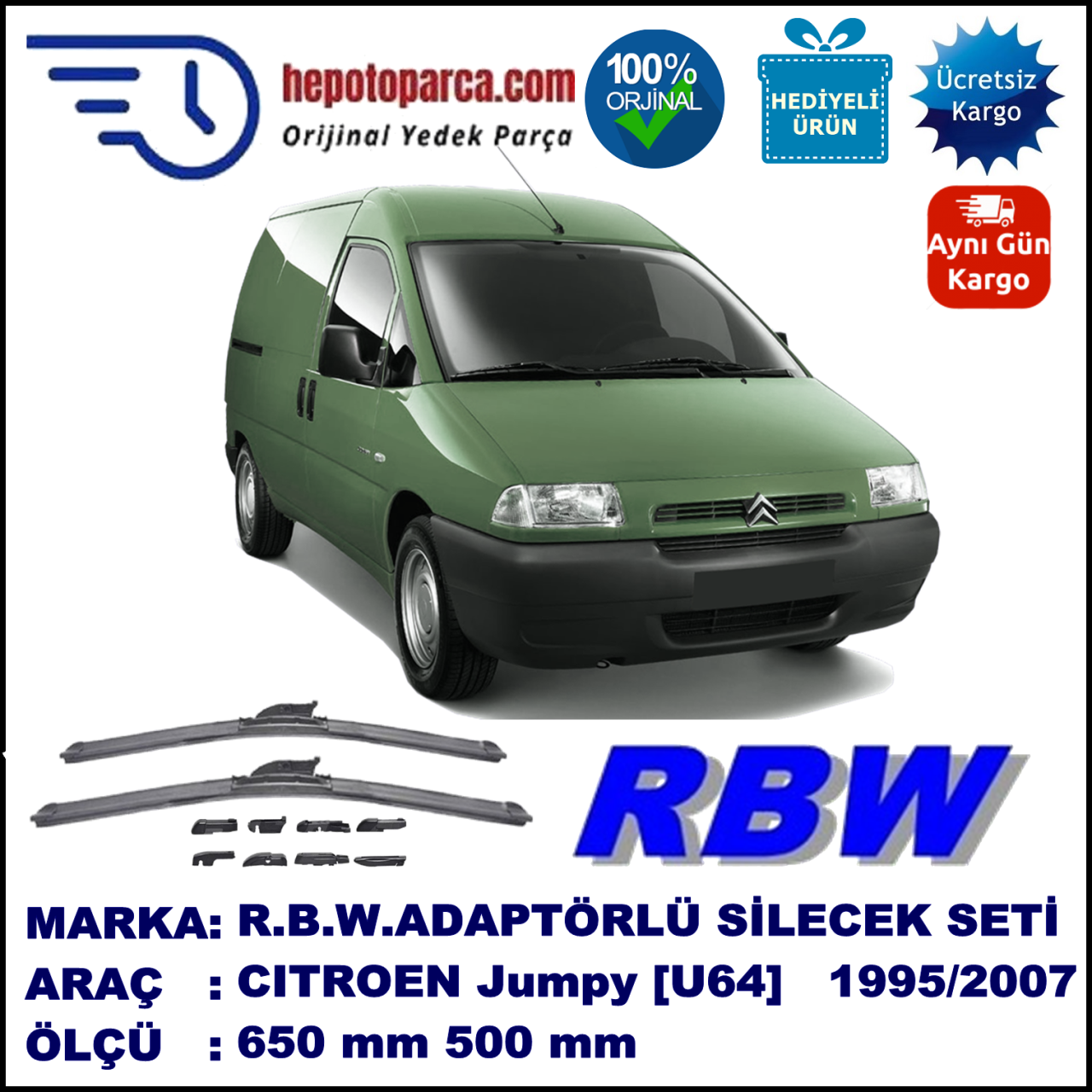 CITROEN Jumpy [U64] 10.1995-01.2007, 650 / 500 mm.  RBW  ADAPTÖRLÜ MUZ SİLECEK SETİ