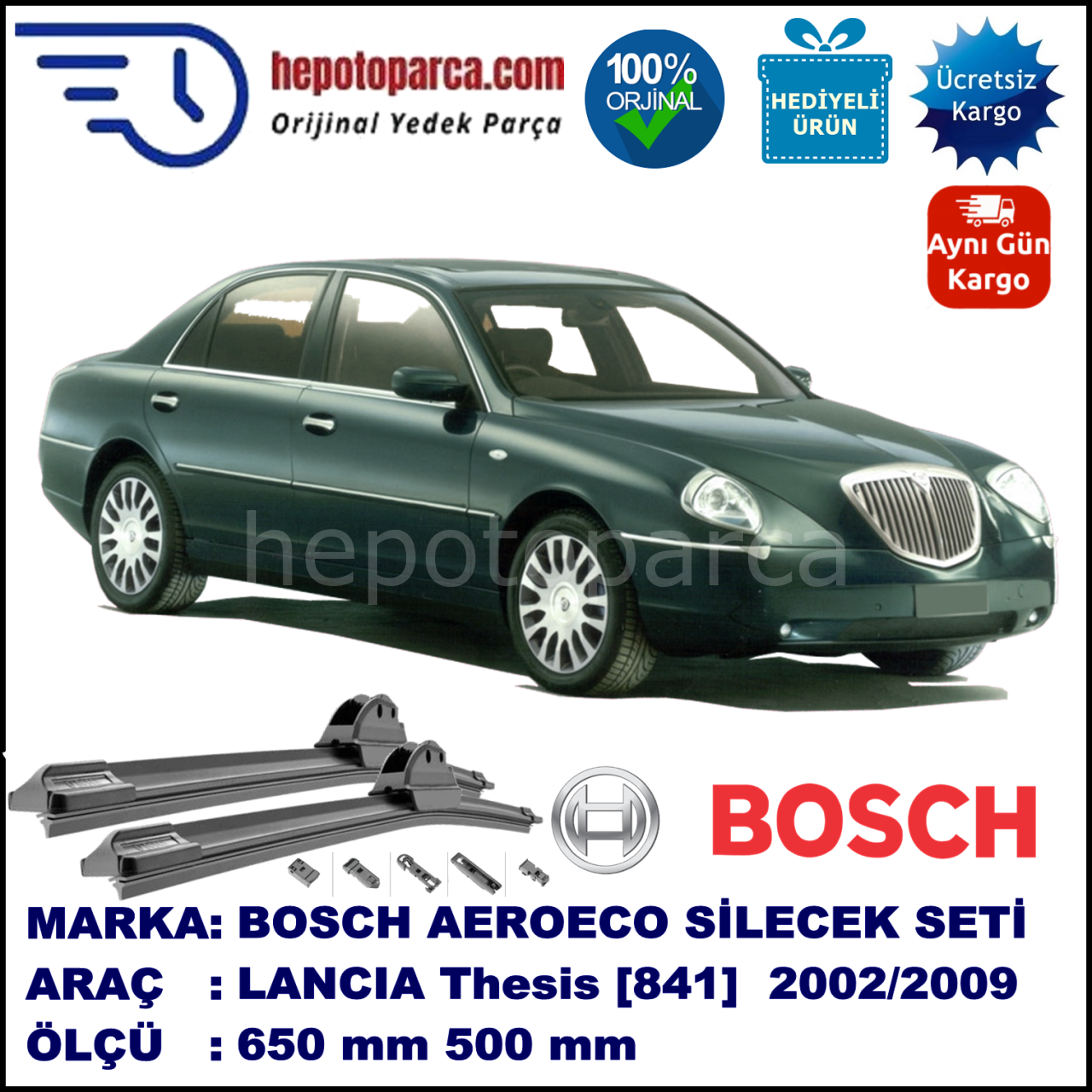 LANCIA Thesis [841] 04.2002-12.2009, 650 / 500 mm. BOSCH AEROECO Aparatlı Muz Silecek