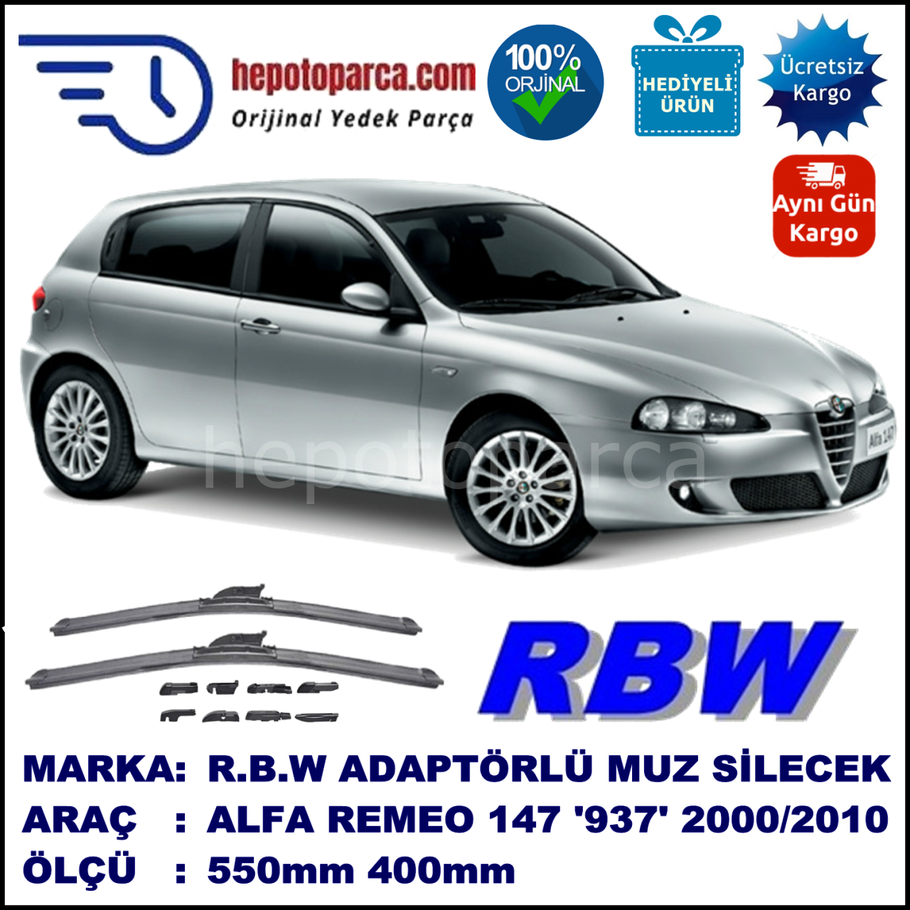 ALFA ROMEO 147 [937] 04.2005-12.2010, 550 / 400 mm.  RBW  ADAPTÖRLÜ MUZ SİLECEK SETİ