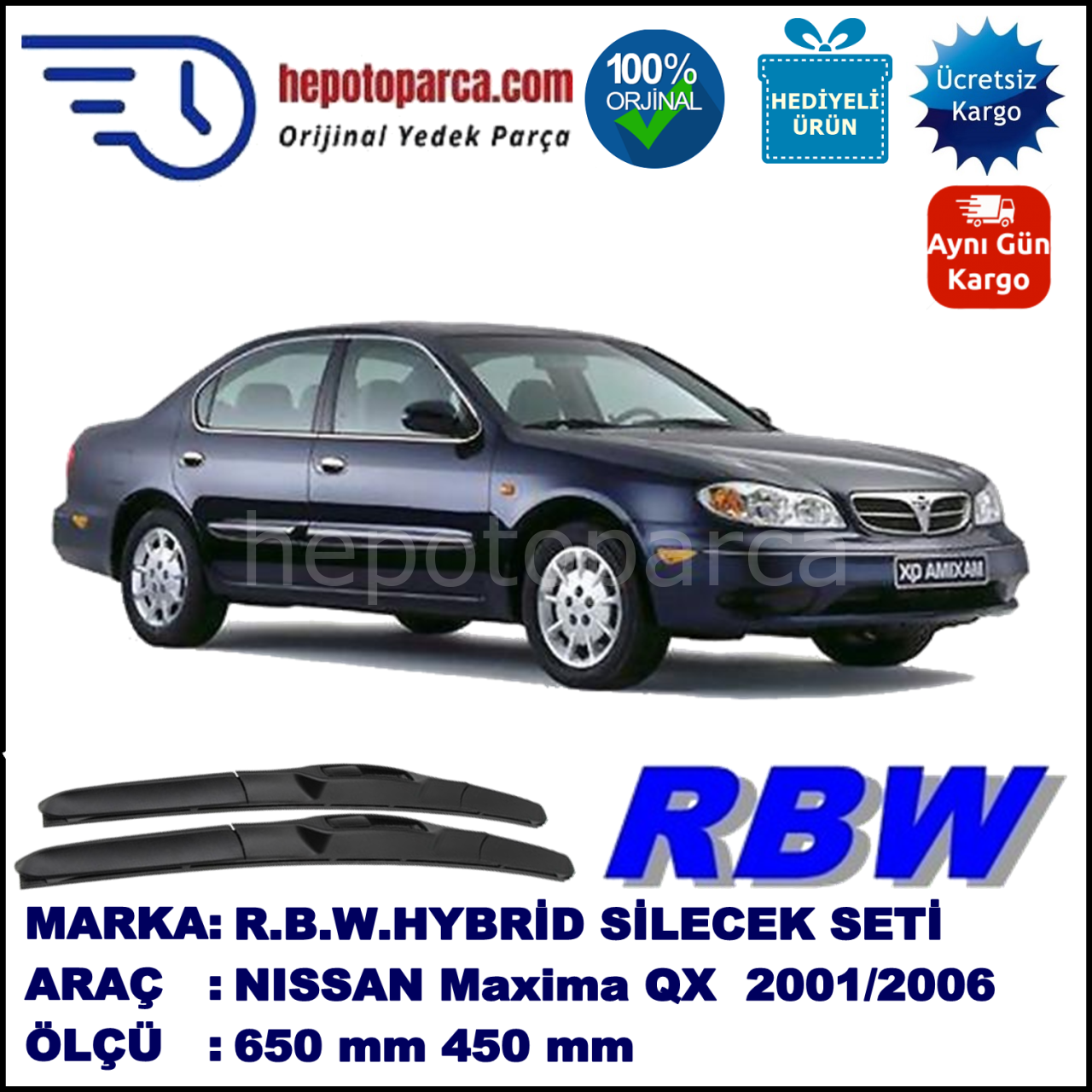 NISSAN Maxima QX [CA33] 01.00-01.06 650 / 450 mm. RBW Hybrid Silecek Seti. U Kanca Uyumlu Hibrit