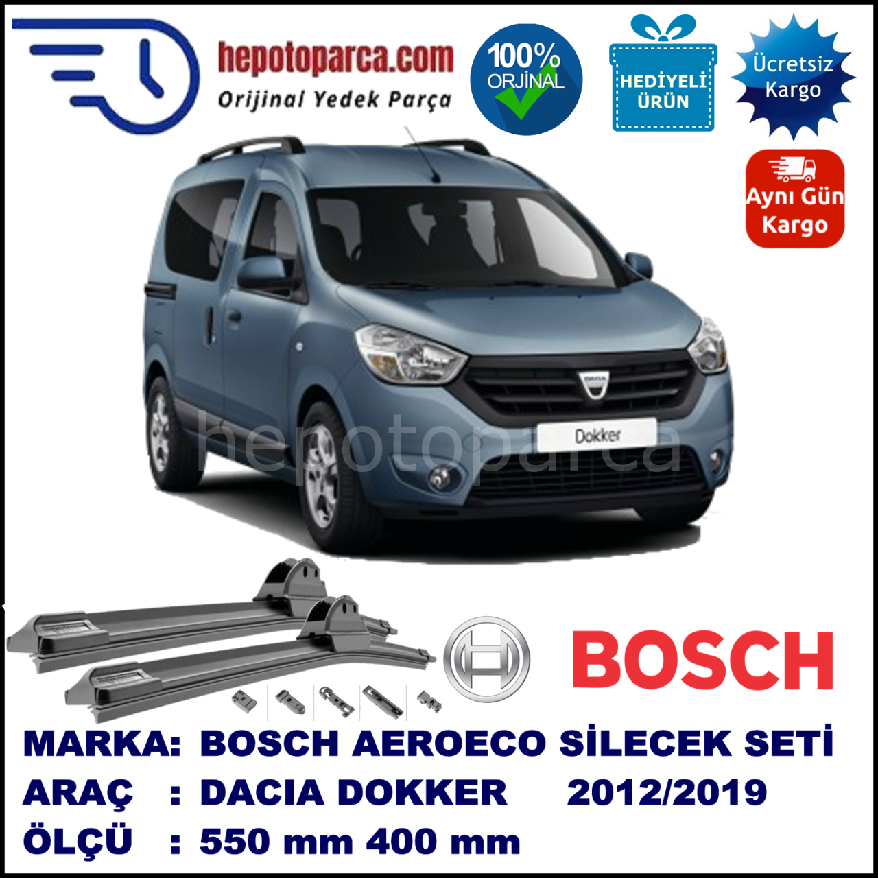 DACIA Dokker  07.2012-..., 550 / 400 mm. BOSCH AEROECO Aparatlı Muz Silecek