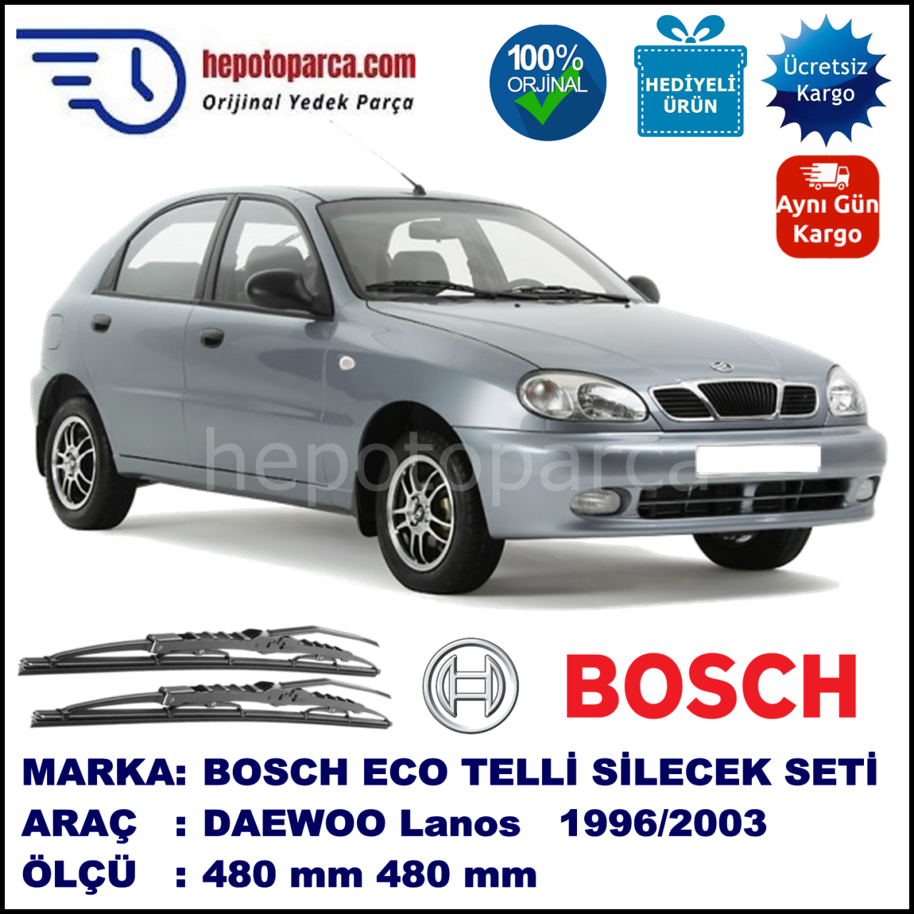 DAEWOO Lanos Hatchback [KLAT] 11.96-09.03 480 / 480 mm. BOSCH ECO Telli Silecek 2'li Takım