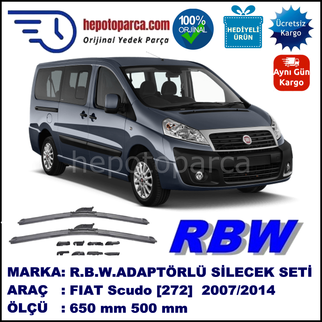 FIAT Scudo [272..] 01.2007-..., 650 / 500 mm.  RBW  ADAPTÖRLÜ MUZ SİLECEK SETİ